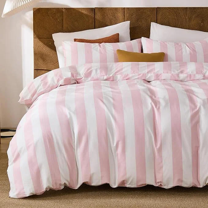 Optimized Merryword Pink and White Striped Duvet Cover Set King Size Cotton Bedding Set with Zipper Closure amp 8 Corner Ties Luxury Linen Like Bedding Soft Breathable Comforter Cover for All Seasons Stylish