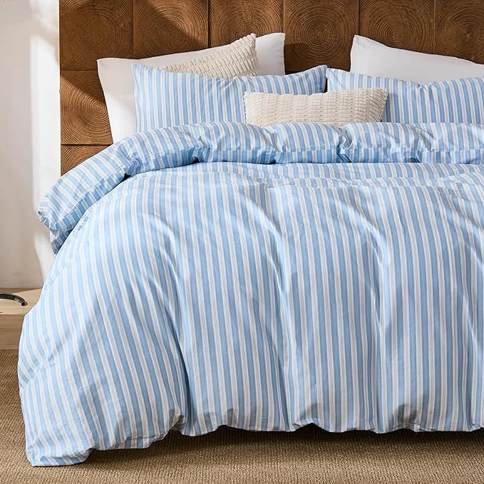 Outstanding Merryword Blue and White Striped Duvet Cover Set Queen Size Cotton Linen Like Textured Bedding with Classic Vertical Stripes Soft Lightweight Reversible Comforter Cover for All Seasons Smart