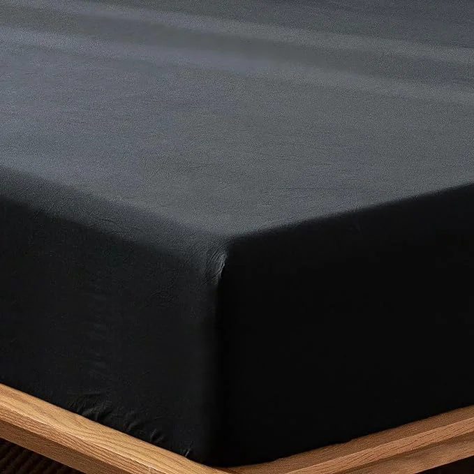 Unique MooMee Fitted Bottom Sheet Only Washed Cotton Linen Like Textured Breathable Durable Soft Comfy Deep Pocket Fits Mattress up to 17 quot Black Queen Carefully Designed