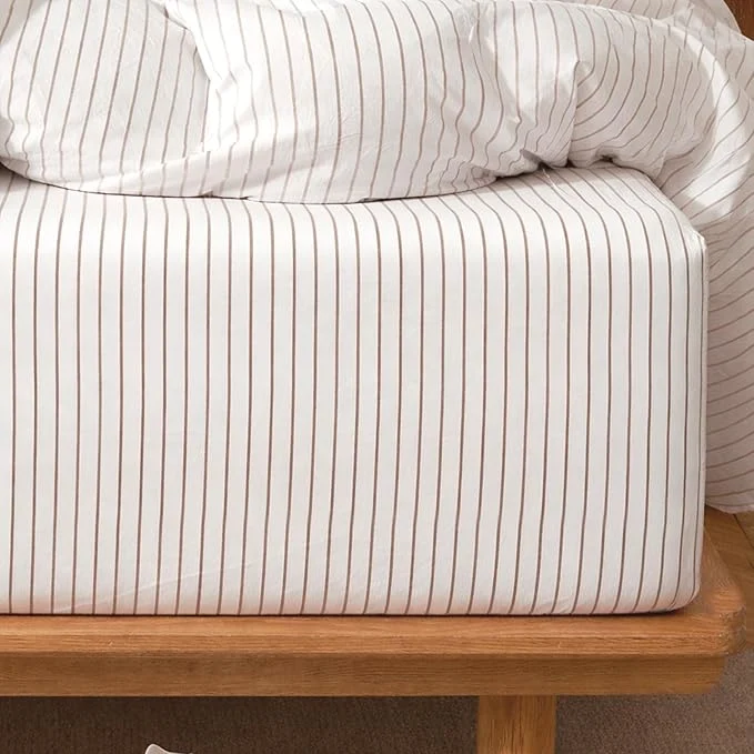 Detailed MooMee Stripes Fitted Bottom Sheet Only Washed Cotton Linen Like Textured Breathable Durable Soft Comfy Deep Pocket White Orange Wide Stripes Queen Trendy