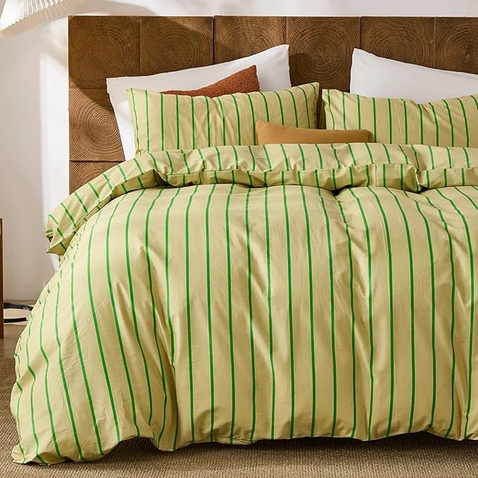 Expertly Made Merryword Striped Duvet Cover Set Queen Size – Cotton Duvet Cover Set Khaki amp Green Stripes Pattern Comforter Cover 3 Pieces Soft Linen Like Bedding Set for All Seasons Detailed