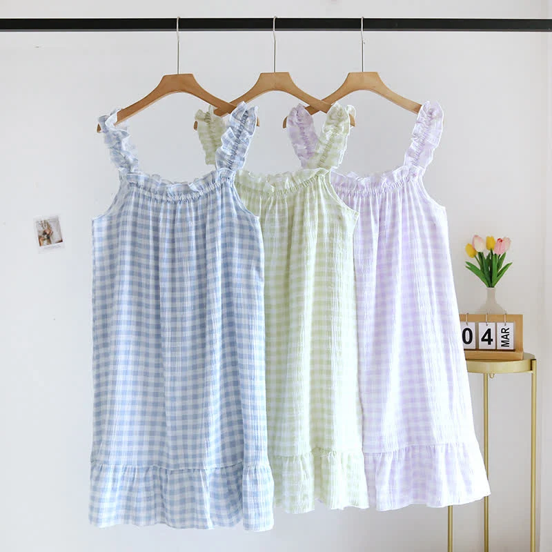 Convenient Ownkoti Cotton Ruffle Gingham Cami Nightgown Carefully Designed
