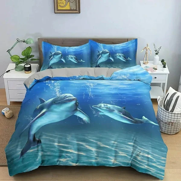 User-Friendly 3D Dolphin Bedding Set – Blue Ocean Animal Quilt Cover Powerful