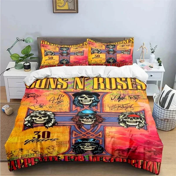 Casual Guns N Roses Retro Band Bedding Set – GNR Duvet Cover for Girls Boys amp Adults Practical