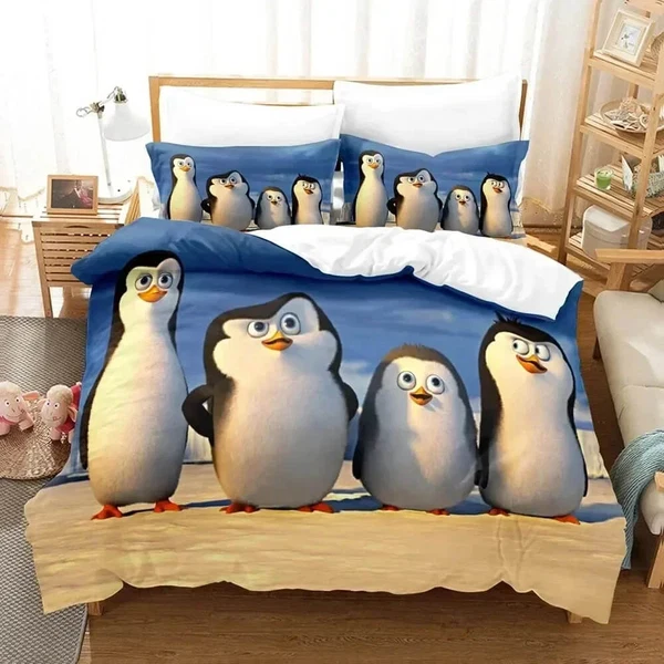 Enhanced 3D Madagascar Penguins Duvet Cover Set – Cartoon Bedding for Kids Fine Crafted
