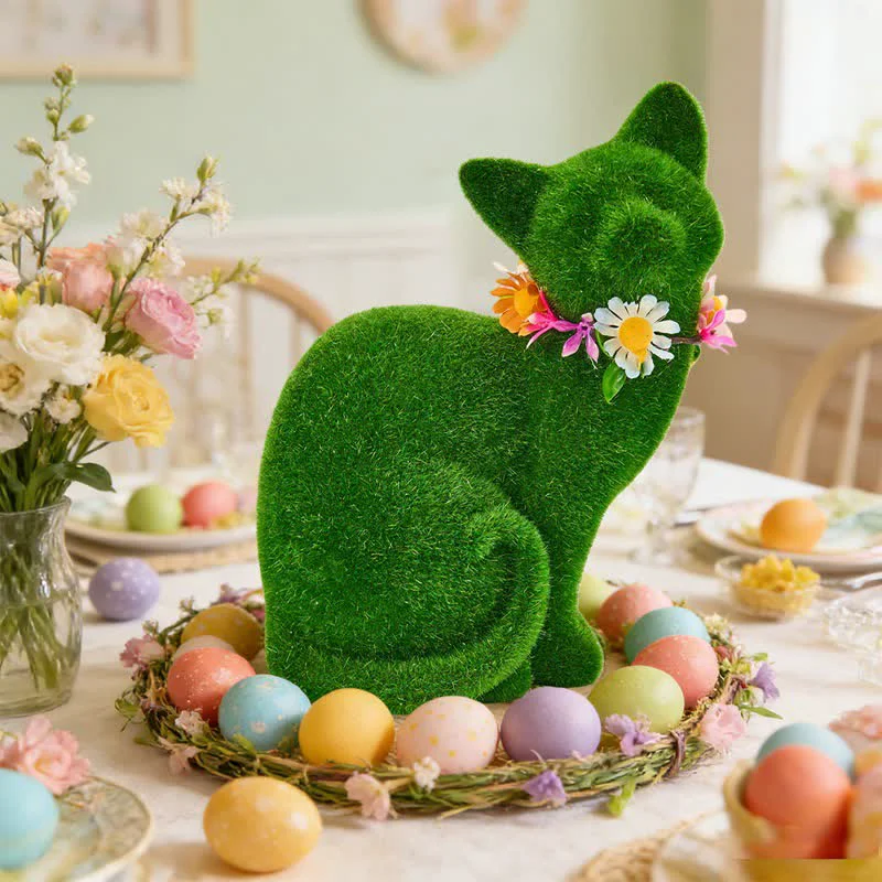Ownkoti Green Flocked Cat Figurine with Floral Wreath Eco-Friendly