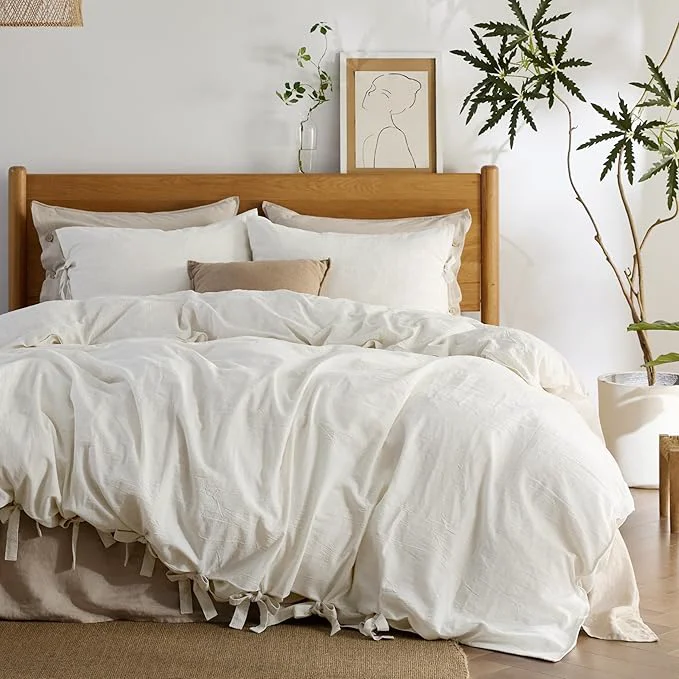 High-Grade Bedsure Striped Duvet Cover Queen Size – Moisture-Wicking Eucalyptus Lyocell Cotton amp Linen Hybrid Comforter Cover Set with Bowknot Ties Closure – GentleSoft™ amp Breathable Bedding Set–White Stylish