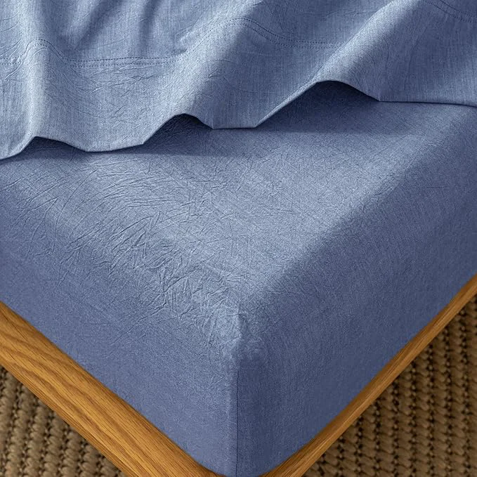 Refined MooMee Fitted Bottom Sheet Only Washed Cotton Linen Like Textured Breathable Durable Soft Comfy Deep Pocket Fits Mattress up to 17 quot Blue King Elite