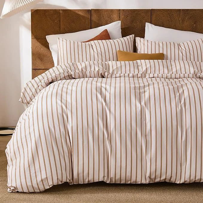 Relaxed Merryword Striped Duvet Cover Set Queen Size 3 Pieces Cotton Duvet Cover Set with Beige and Terracotta Vertical Stripe Design Soft Lightweight Reversible Bedding Set for All Seasons Top-Quality