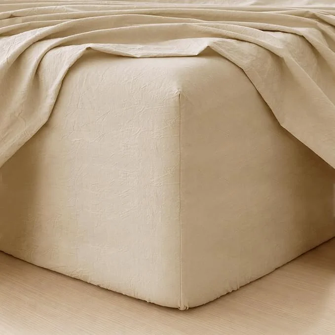 Easy-to-Use MooMee Fitted Bottom Sheet Only Washed Cotton Linen Like Textured Breathable Durable Soft Comfy Deep Pocket Fits Mattress up to 17 quot Almond Milk Grey Queen Expertly Made