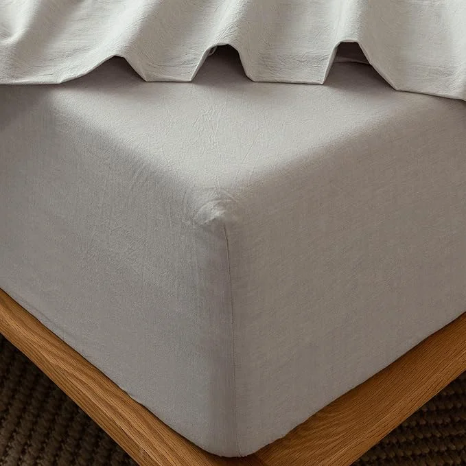 Original MooMee Fitted Bottom Sheet Only Washed Cotton Linen Like Textured Breathable Durable Soft Comfy Deep Pocket Fits Mattress up to 17 quot Natural Linen Queen Verified