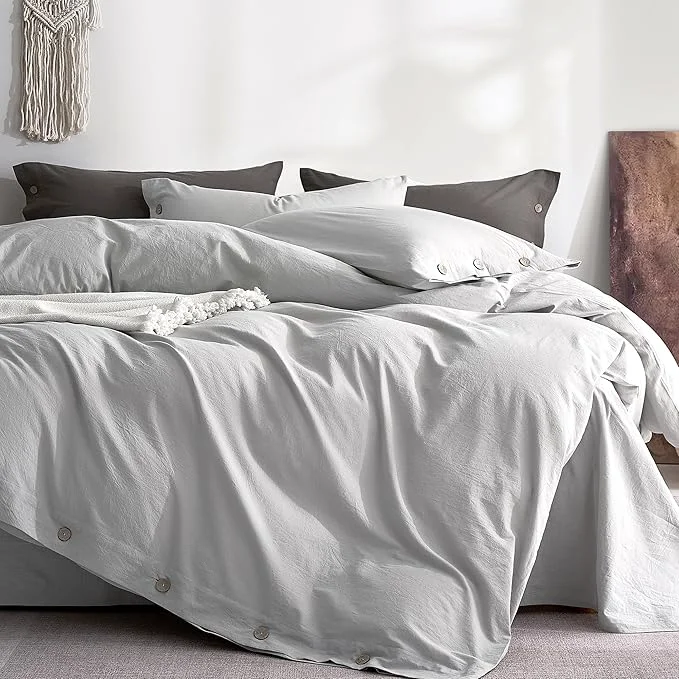 Flexible JELLYMONI Washed Cotton Duvet Cover Queen – Soft Breathable Linen-Look Bedding with Natural Wrinkle Texture Button Closure 3-Piece Set Pale Grey 90 quot x90 quot Premium Material