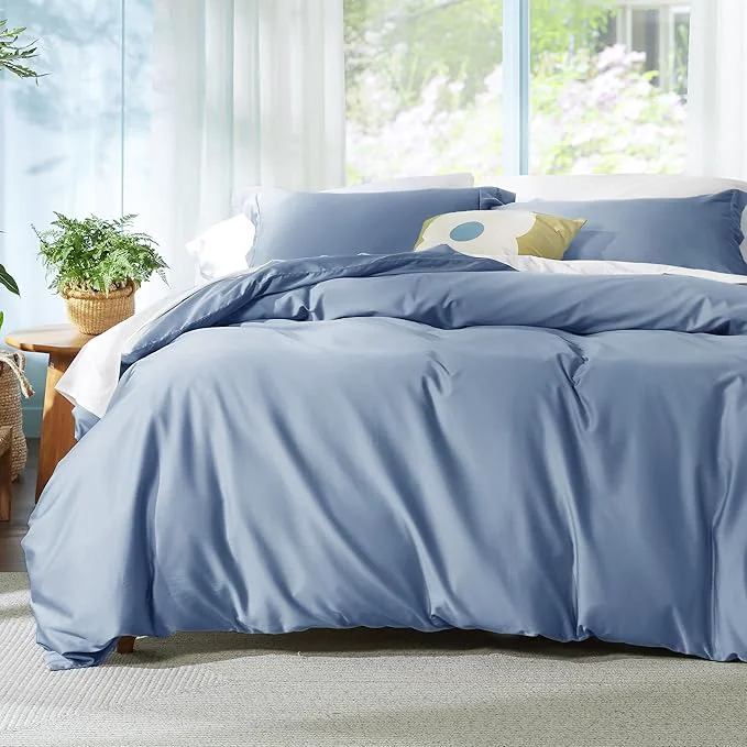 Certified Bedsure Duvet Cover Queen Size – Moisture Wicking and Silky Eucalyptus Lyocell Cotton Hybrid Comforter Cover Set for Hot Sleeper – Buttery Soft and Breathable Cooling Bedding Set Slate Blue Natural