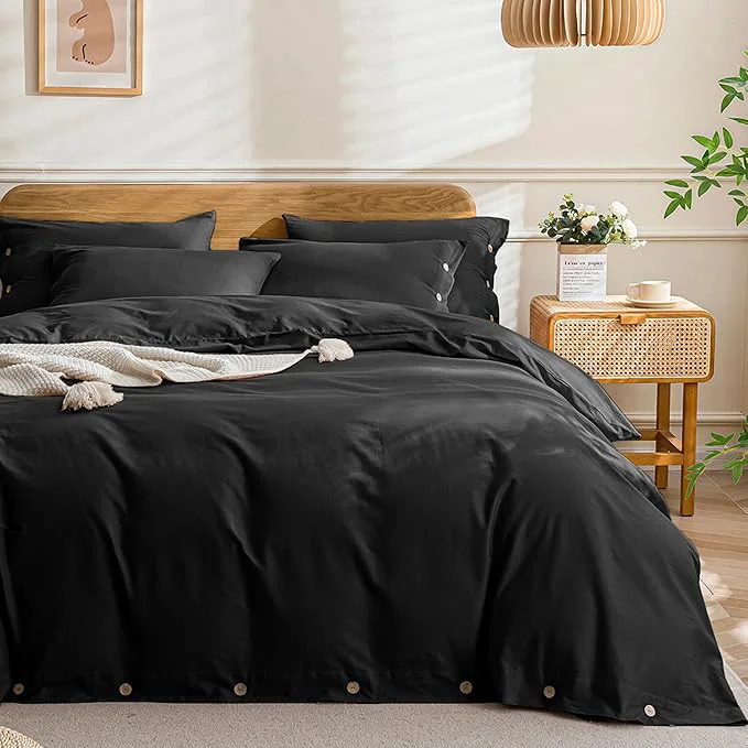 Advanced JELLYMONI Cotton Duvet Cover King Size – Pure Black Comforter Cover with Button Washed Cotton 3PCS Breathable Soft Solid Bedding Set Duvet Cover 104×90in amp 2 Pillowcases NO Comforter