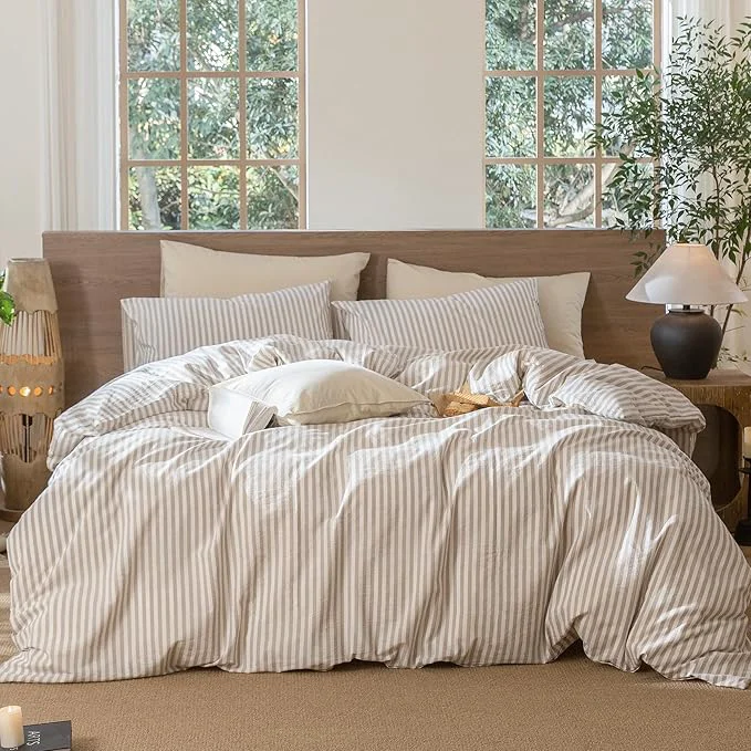 Top-Quality MooMee Striped Duvet Cover Set Washed Cotton Linen Like Textured Breathable Durable Soft Comfy Tannish Linen Grey White Classic Stripes Oversized Queen 98 quot x98 quot High-Quality