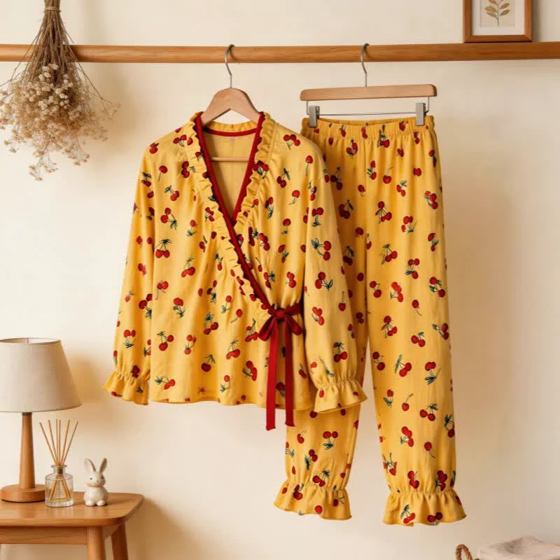 Detailed Ownkoti Ruffled Neck Cherry Print Pajama Set Functional