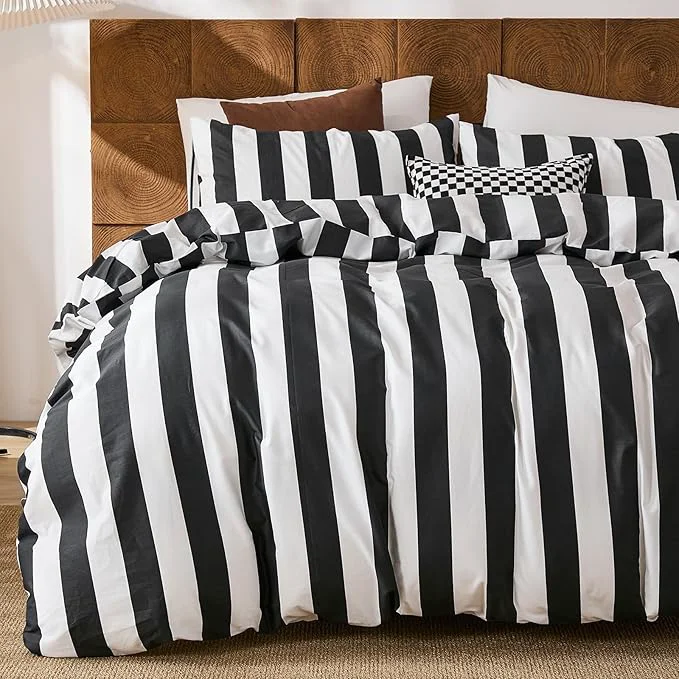 Expertly Made Merryword Black and White Striped Duvet Cover Set King Size – Cotton Duvet Cover Set with Zipper Closure amp 8 Corner Ties 3-Piece Luxury Linen Like Bedding Set for All Seasons Versatile