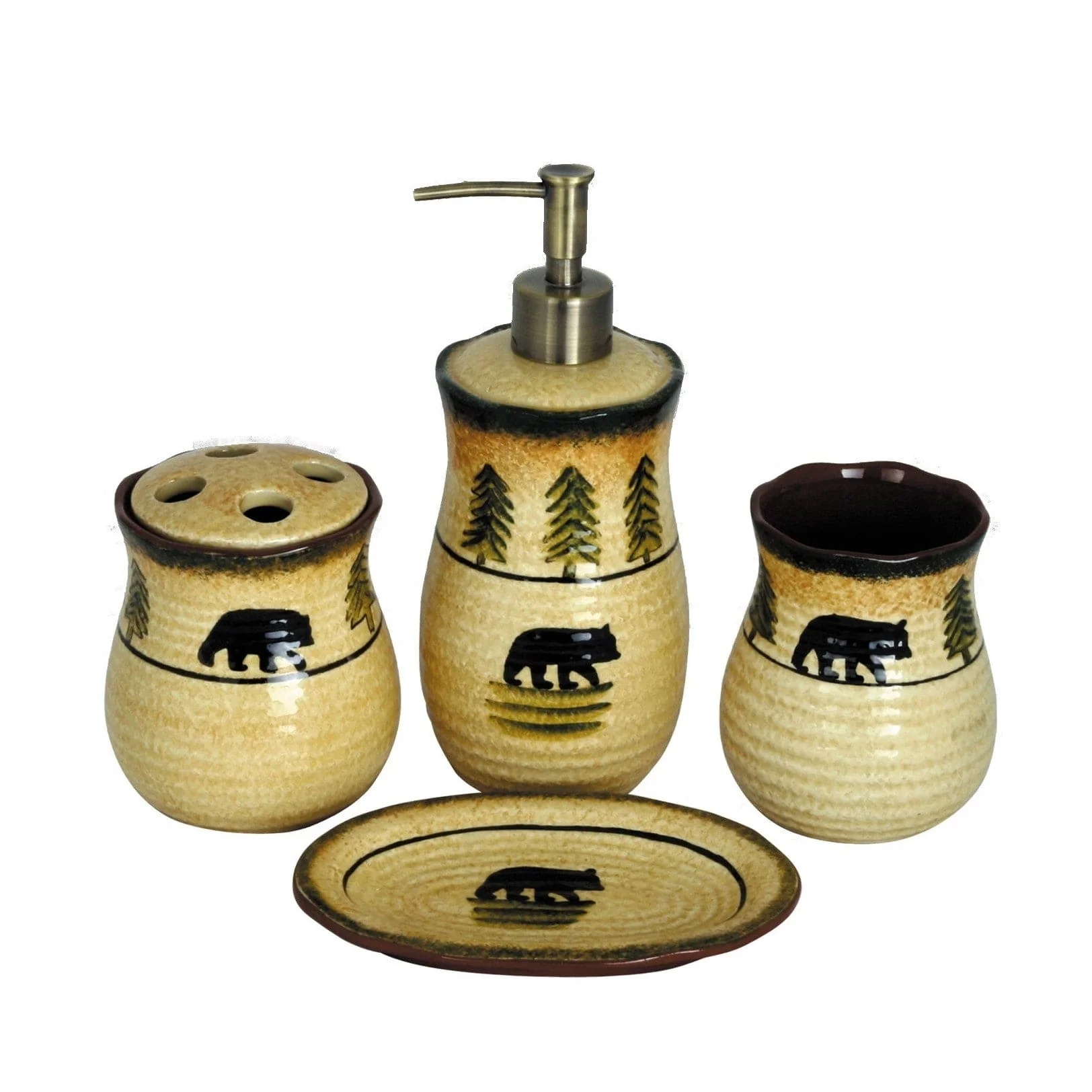 High-Performance Rustic Bear Ceramic Forest Countertop Bathroom Set 4 Pc Expertly Made