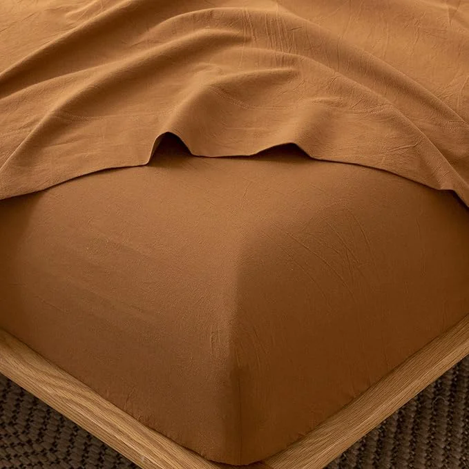 Versatile MooMee Fitted Bottom Sheet Only Washed Cotton Linen Like Textured Breathable Durable Soft Comfy Deep Pocket Fits Mattress up to 17 quot Dark Orange Queen High-Grade