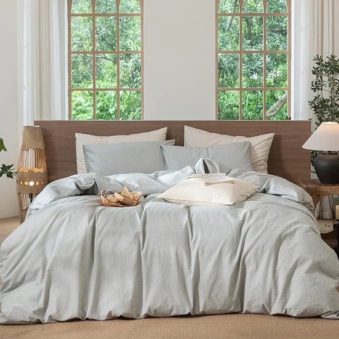 MooMee Striped Duvet Cover Set Washed Cotton Linen Like Textured Breathable Durable Soft Comfy Heathered Green Pinstripes King 104 quot x90 quot Versatile