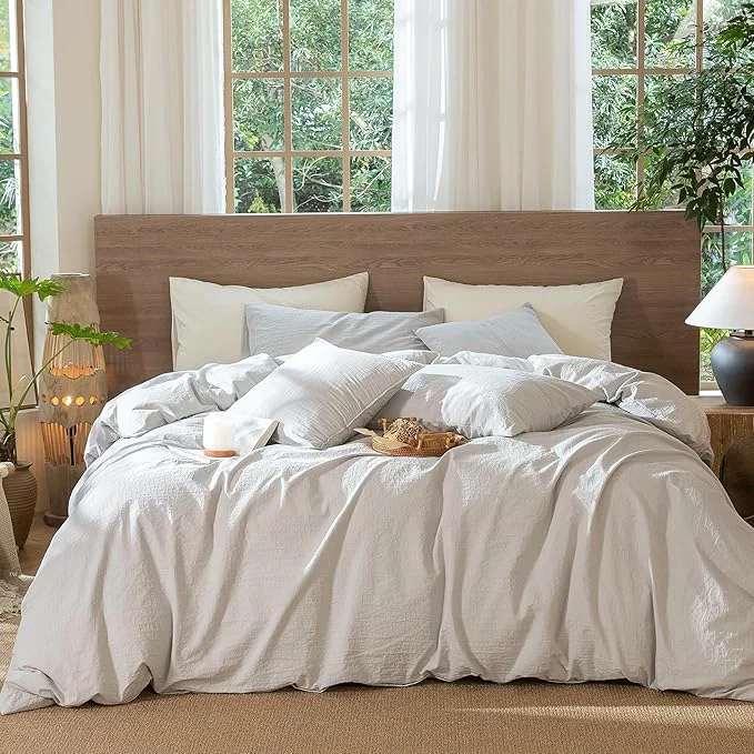 Prestigious MooMee Wavy Striped Duvet Cover Set Washed Cotton Linen Like Textured Breathable Durable Soft Comfy Light Grey Oversized Queen 98 quot x98 quot Effective