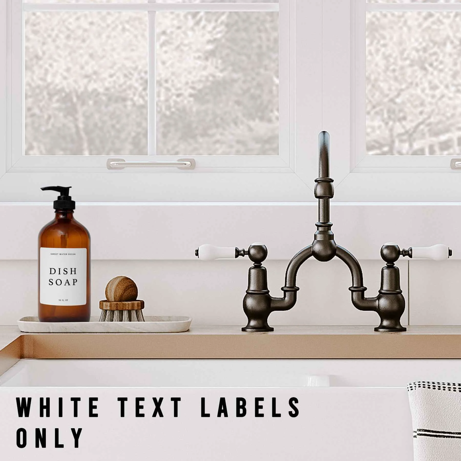 Elegant White Text Labels for Plastic and Glass Dispensers Fine Crafted