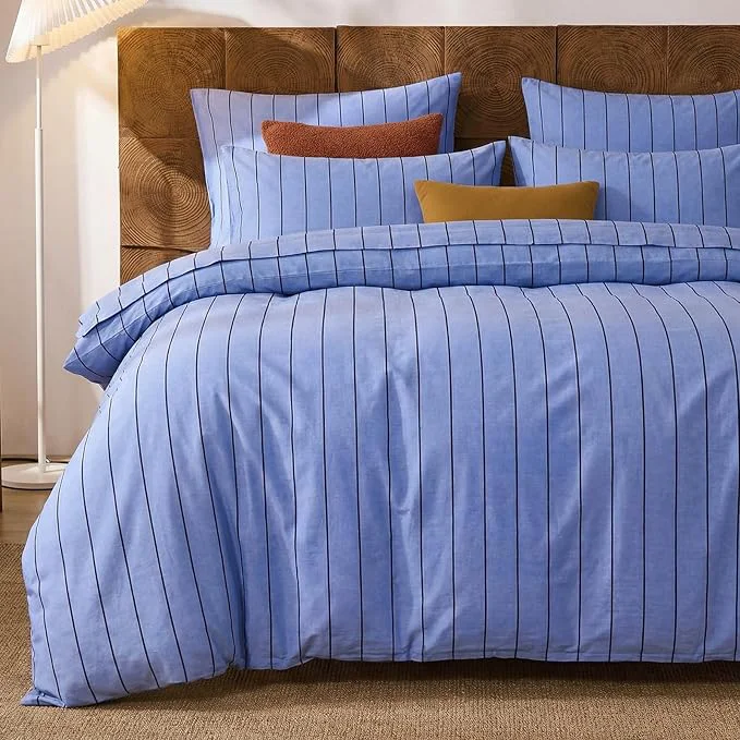 Flexible Merryword Blue Striped Duvet Cover Set Queen Size Cotton Denim Blue Bedding Set with Zipper Closure amp 8 Corner Ties Luxury Linen Like Bedding Soft Breathable Comforter Cover for All Seasons