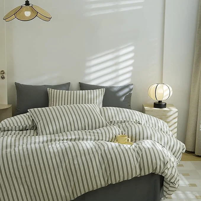 Clean EAVD Grey Striped Duvet Cover Queen Soft Washed Cotton White Grey Striped Bedding Set with 2 Pillowcases Modern Farmhouse Geometric Duvet Cover with Zipper Closure Recyclable