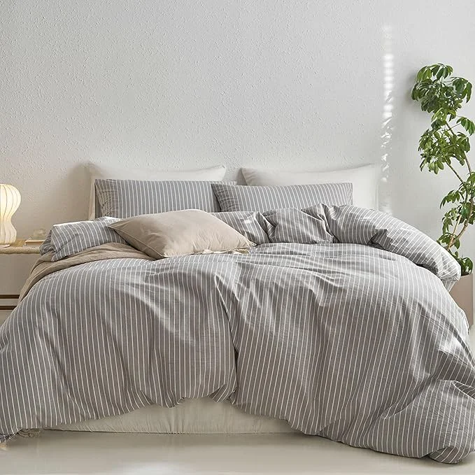 Casual MooMee Striped Duvet Cover Set Washed Cotton Linen Like Textured Breathable Durable Soft Comfy Light Grey White Wide Stripes Super King Plus 120 quot x120 quot Minimalist