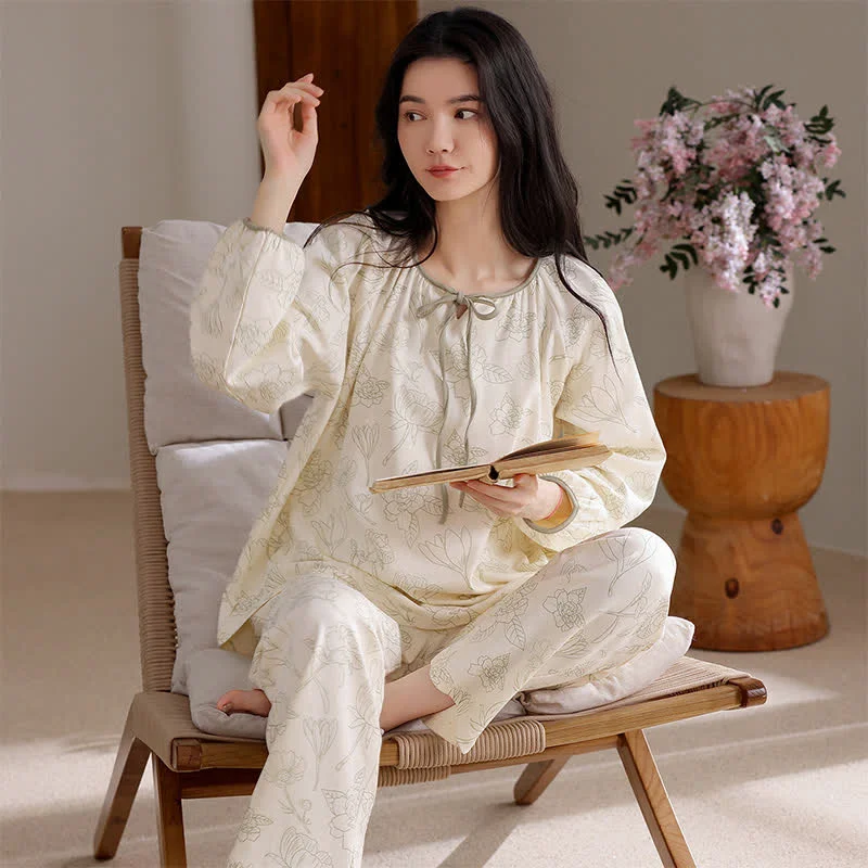 Sophisticated Ownkoti Floral Cotton Two-Piece Long Sleeve Homewear Premium