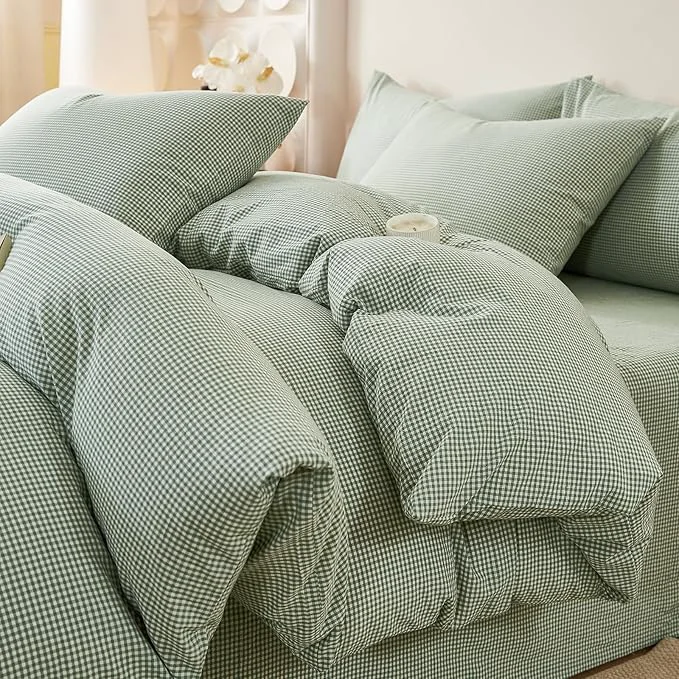 Minimalist EAVD Sage Green Gingham Duvet Cover Queen Soft Washed Cotton Modern Green and White Plaid Duvet Cover with 2 Pillowcases Reversible Checkered Plaid Bedding Set with Zipper Closure Expertly Made