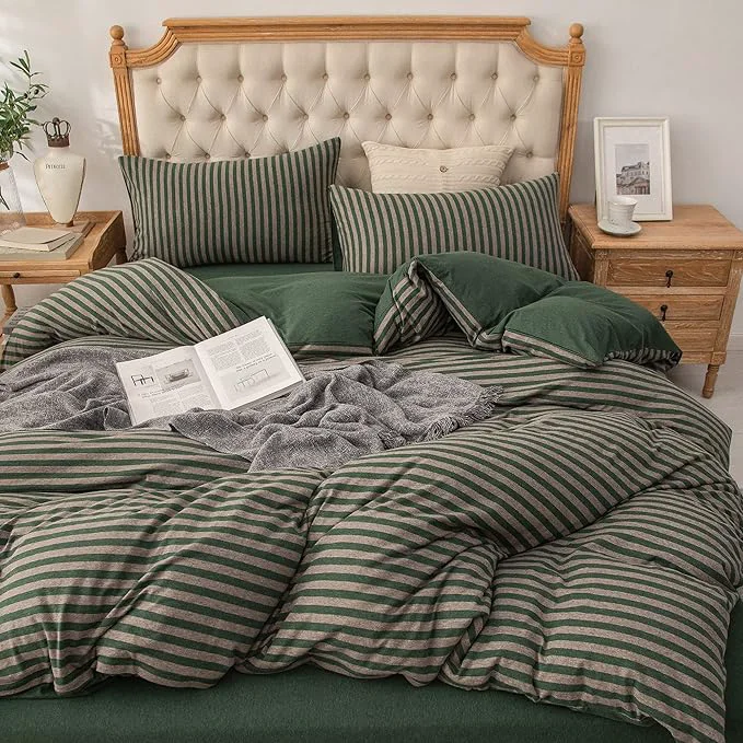 Casual PURE ERA Forest Green Stripe Jersey Duvet Cover Set King Size T-Shirt Heather Cotton Super Soft Comfy Classic Striped Design with Zipper Closure Carefully Designed