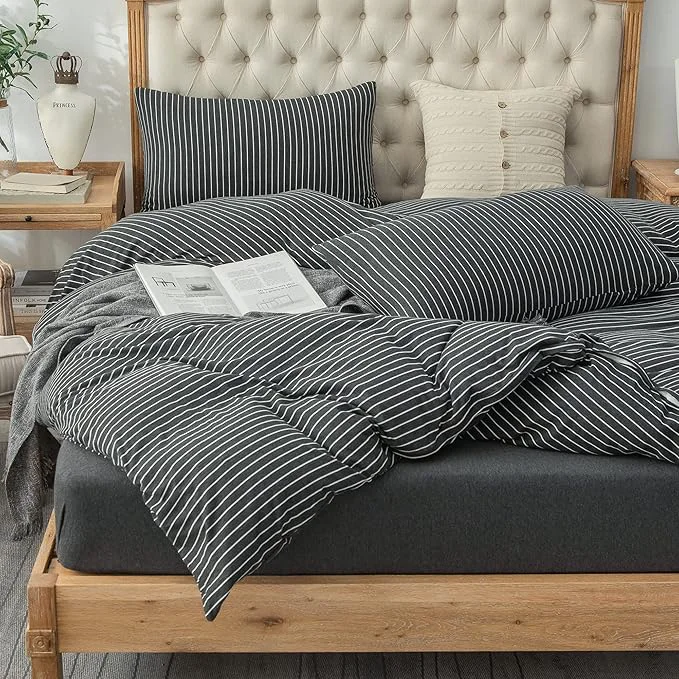 Authentic PURE ERA Jersey Knit Duvet Cover Set T-Shirt Heather Cotton Super Soft Comfy Classic Striped Design with Zipper Closure Black amp White Pinstripe King Clean
