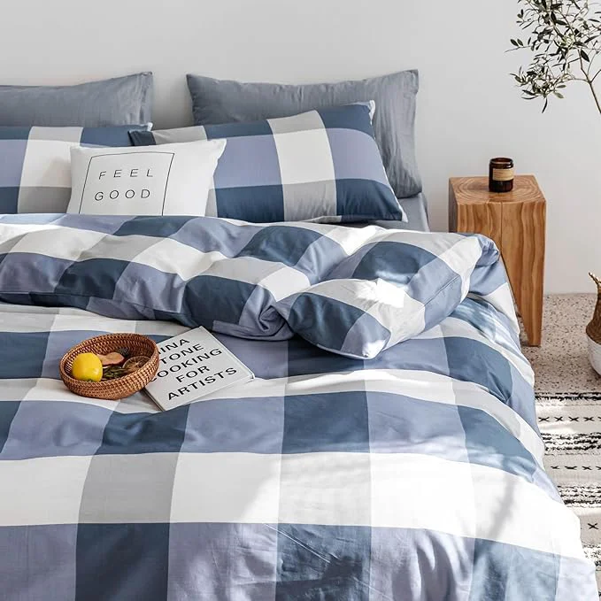 Genuine mixinni Full Comforter Set Soft Fluffy Modern Style Checkered Pattern Comforter for Boys Mens 1 Blue White Grey Geometric Comforter and 2 Pillowcases All Seasons-Full Size Top-Quality