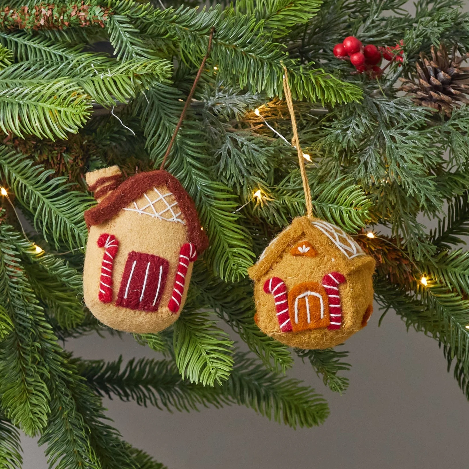 Traditional Wool Felt Gingerbread House Ornaments Set of 2 Breathable