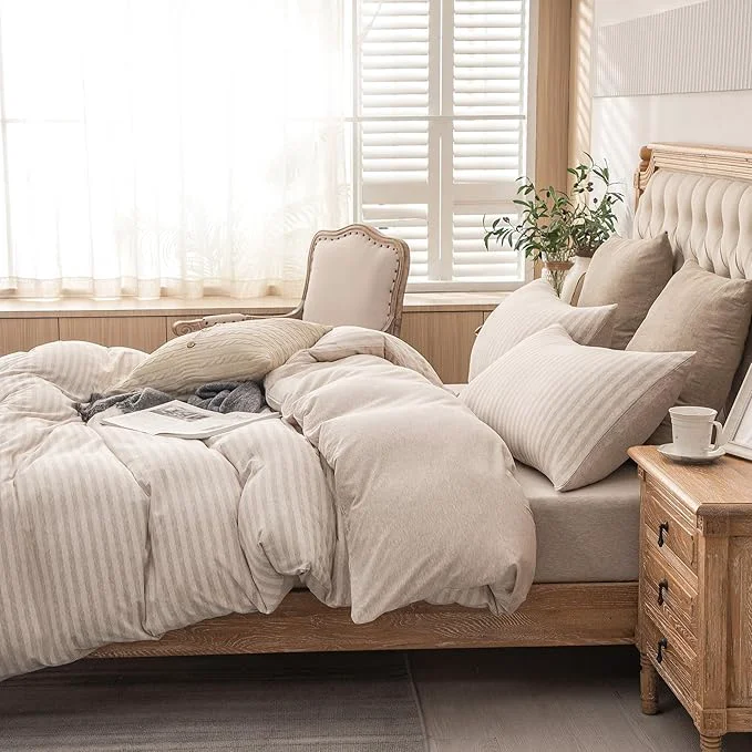 Certified PURE ERA Jersey Knit 2pc Duvet Cover Set T-Shirt Heather Cotton Super Soft Comfy Classic Striped Design with Zipper Closure Heather Beige Stripe Twin Environmentally Friendly