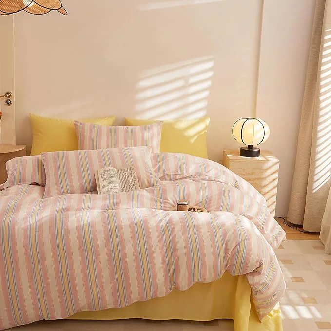 Genuine EAVD Stripes Duvet Cover Set Full Washed Cotton Colorful Striped Bedding Duvet Cover Set with Streak Pillowcases-Farmhouse Modern Style Ultra Soft Breathable Zipper Closure Corner Ties Versatile
