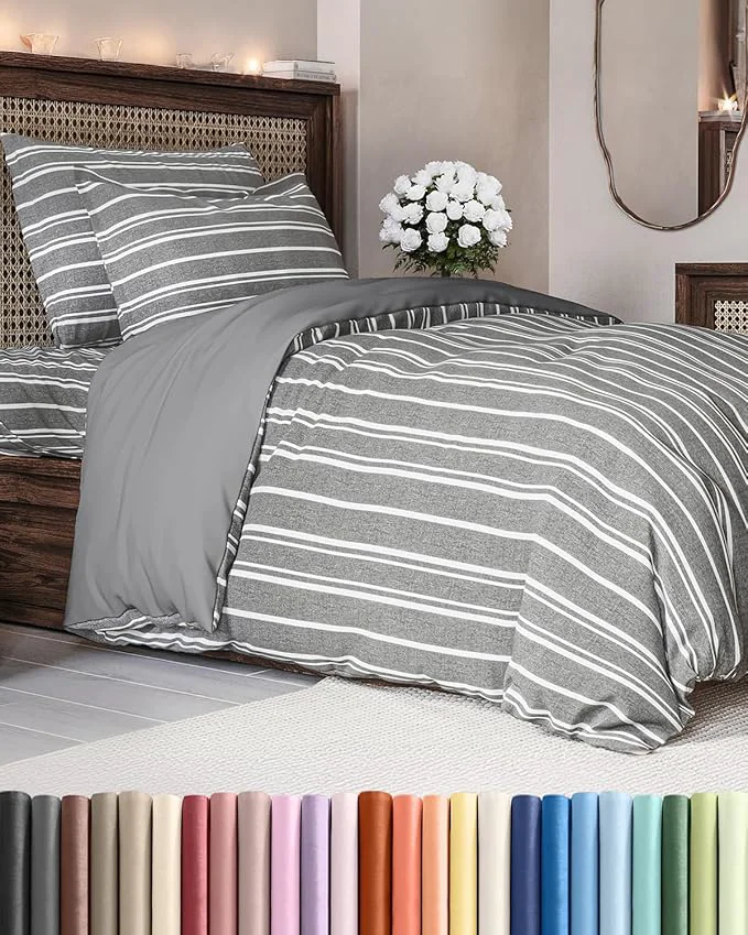 Smart Duvet Cover Twin Twin XL Size Set – Extra Soft Twin Twin XL Duvet Cover 68 quot x 90 quot with 1 Pillow Sham – Hotel Luxury Easy Care Fade w Zipper Closures amp Ties – Comfy amp Breathable Grey Stripes