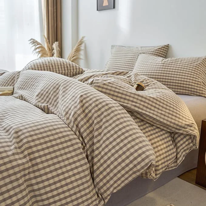 Verified EAVD Vintage Style Grey Plaid Duvet Cover King Soft Washed Cotton Chic Grey Checkered Gingham Bedding Set with 2 Pillowcases Farmhouse Gingham Duvet Cover with Zipper Closure Top-Quality