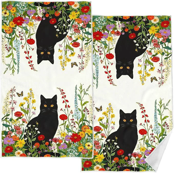 Fashionable Accnicc 2 Pack Black Cat Bathroom Hand Towels Decorative Spring Floral Dish Minimalist