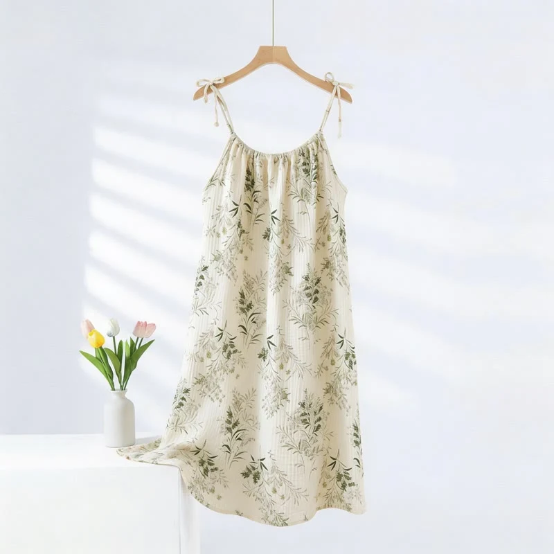 Solid Ownkoti Fresh Country Leaf Cotton Camisole Nightgown High-End