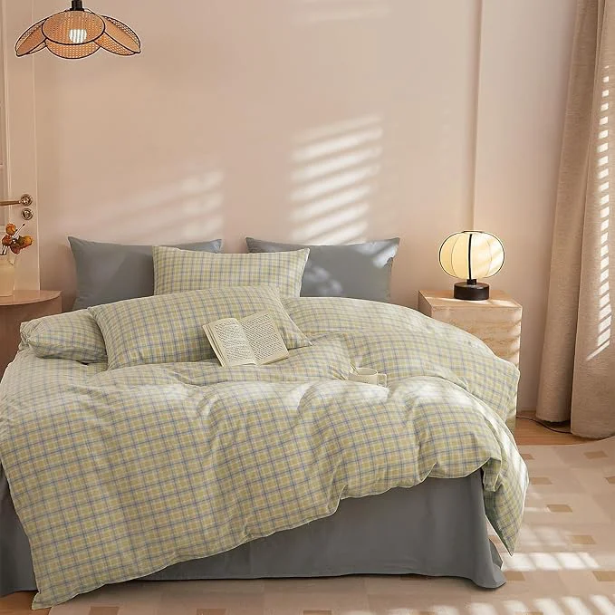 Efficient EAVD Modern Gingham Duvet Cover Twin Size Soft Washed Cotton Yellow Blue Grid Plaid Bedding Set with 2 Pillowcases Farmhouse Reversible Plaid Checkered Duvet Cover with Zipper Closure Exclusive