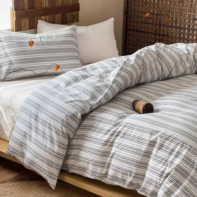 Sophisticated EAVD Retro Grey White Striped Duvet Cover Full Soft Washed Cotton Reversible Striped Bedding Set with 2 Pillowcases Farmhouse Geometric Pattern Duvet Cover with Zipper Closure Trusted
