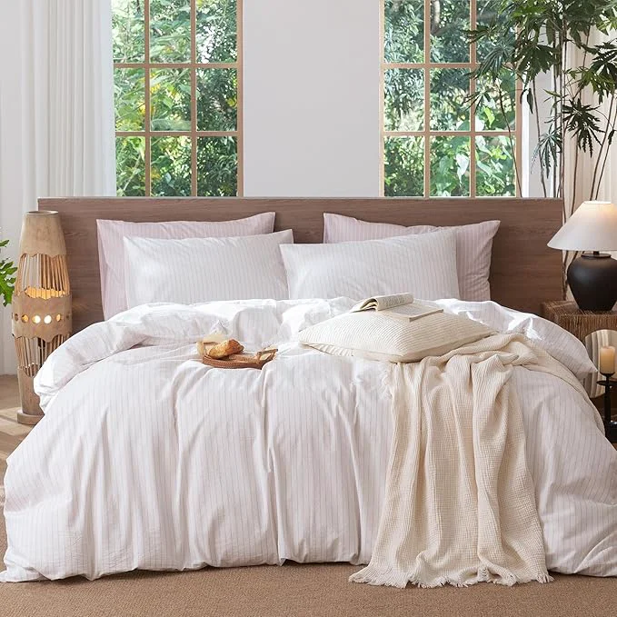 Pure MooMee Striped Duvet Cover Set Washed Cotton Linen Like Textured Breathable Durable Soft Comfy White Heathered Greyish Pink Wide Stripes King 104 quot x90 quot Unique