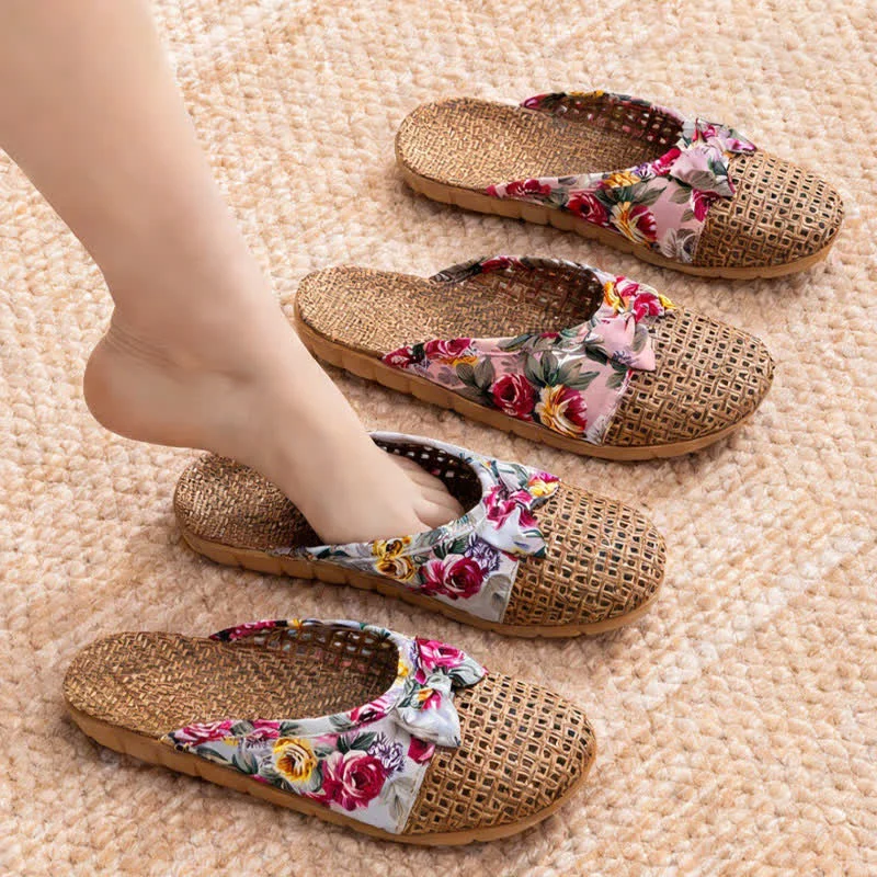 Breathable Ownkoti Closed-Toe Woven Rattan House Slippers Relaxed