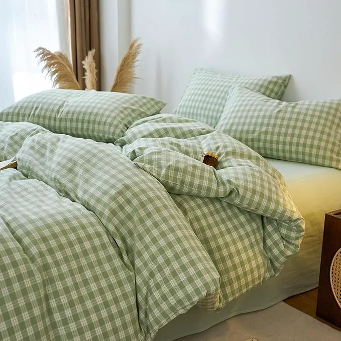 Pure EAVD Vintage Style Green amp White Plaid Gingham Duvet Cover Full Soft Washed Cotton Fresh Grid Checkered Gingham Bedding Set with 2 Pillowcases Farmhouse Green Plaid Duvet Cover with Zipper Closure Top-Quality