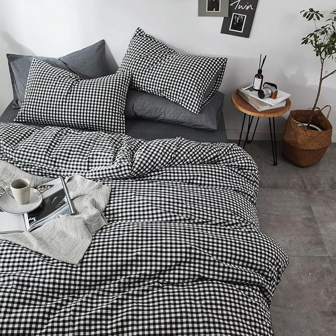 Selected mixinni Black Gingham Comforter Set Queen Plaid Comforter Set 3 Pieces 1 Black Grid Comfoter with 2 Pillow Cases for All Seasons Soft Fluffy Modern Grid Pattern Printed Bedding-Queen Size Original Design