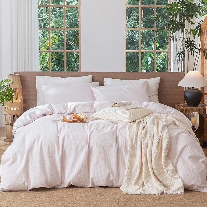 Trendy MooMee Striped Duvet Cover Set Washed Cotton Linen Like Textured Breathable Durable Soft Comfy Heathered Greyish Pink Pinstripes Twin 68 quot x90 quot Enhanced