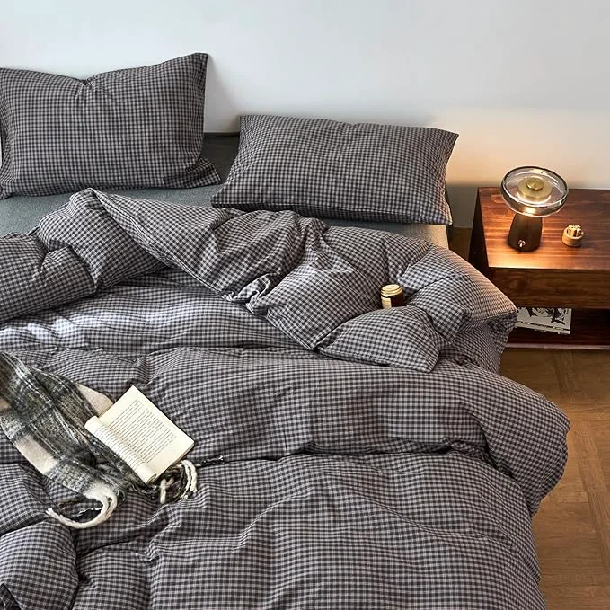 Certified EAVD Vintage Style Dark Grey Plaid Duvet Cover Full Washed Cotton Like Linen Feel Soft Red Grid Gingham Bedding Set with 2 Pillowcases Reversible Retro Dark Grey Gingham Duvet Cover with Zipper Selected