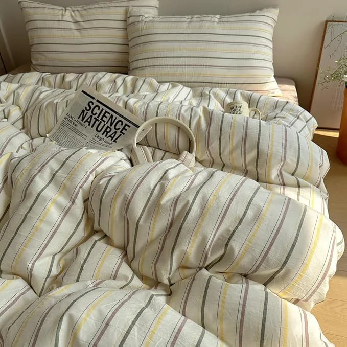 Top-Quality EAVD Retro Striped Duvet Cover Set King Size Cotton Chic Stripes Printed Bedding Set with 2 Pillowcases Vintage Geometric Pattern Duvet Cover with Zipper Closure Yellow amp Green amp Brown King Minimalist